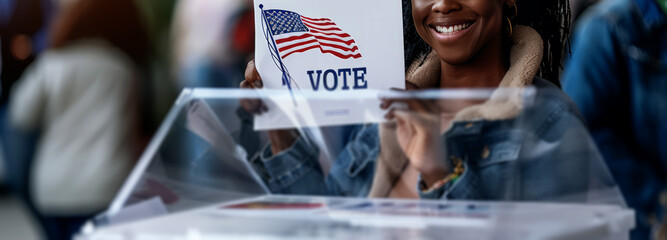 woman smiling while casting her vote in the ballot box,	