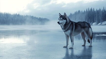 Husky Dog on a Frozen Lake