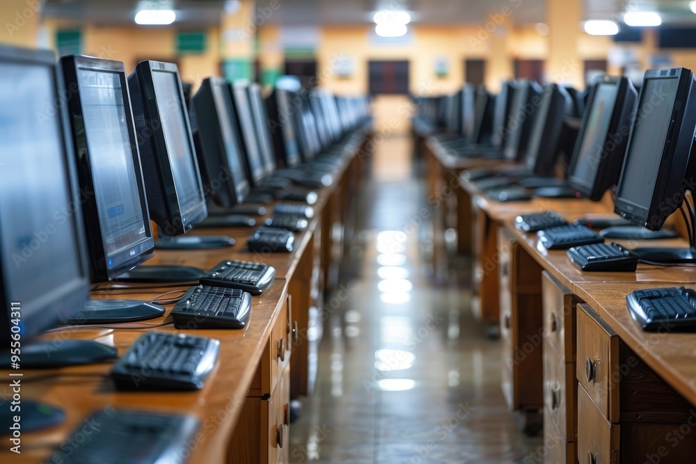 Poster rows of computer monitors and keyboards in a computer lab