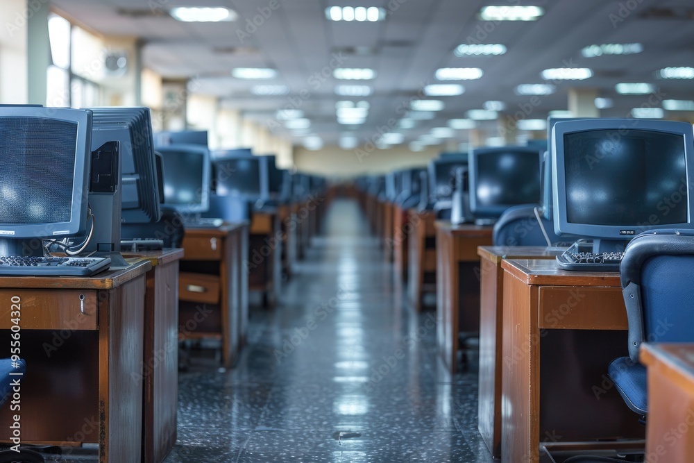 Poster rows of computers and desks in an empty office