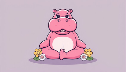 Naklejka premium cute cartoon hippopotamus in yoga pose , flowers, flat design illustration