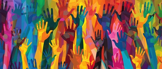 Vibrant display of hands held high by individuals of various backgrounds and ethnicities, embracing inclusivity during LGBTQ Pride Month