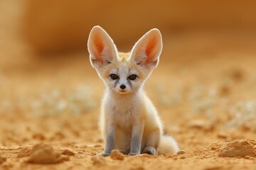 Cute young fennec fox sits on sandy ground surrounded by autumn foliage in a desert environment