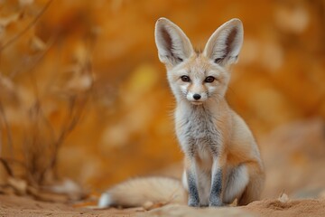 Obraz premium Cute young fennec fox sits on sandy ground surrounded by autumn foliage in a desert environment