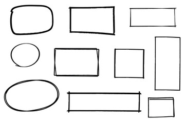 Hand drawn grunge doodle frame set, marker pen line strokes, square circle rectangle oval ellipse border design elements