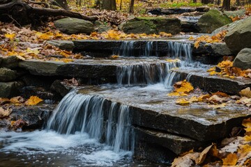 Obraz premium Stony Brook New York. Hiking Trail at State Park with Stunning Waterfall in White Brook