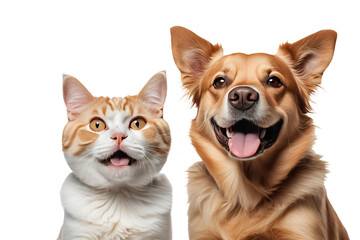 Obraz premium High-resolution stock photo capturing a content cat and dog side by side, exuding joy, seamlessly juxtaposed against a pure white or transparent backdrop, emphasizing their harmonious coexistence