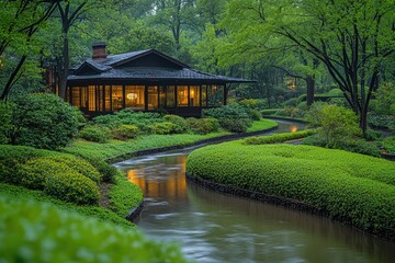 Fototapeta premium Tranquil Cabin by a Serpentine Stream Amidst Lush Greenery