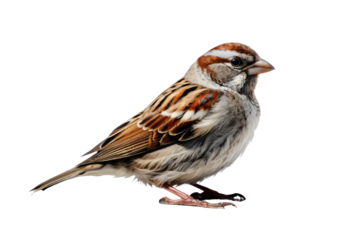 Homesteader house sparrow resting, wings folded, delicate feathers highlighted, positioned center-frame against a stark white backdrop, soft shadow beneath its form