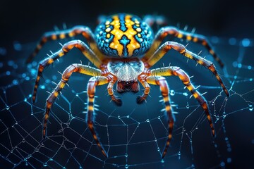 Vibrant Spider with Yellow and Blue Markings in its Web
