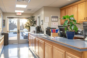 Wooden Countertop with Blue Laminate and Plant in Office Setting