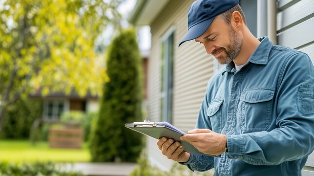 A man conducts a home inspection while reviewing notes on a clipboard in a residential area during daytime