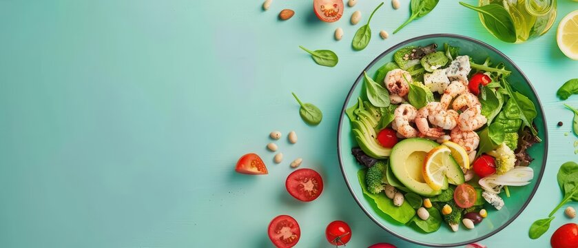 A balanced diet concept is beautifully presented in a creative food flat lay banner, highlighting nutrient-dense foods and portion control, with solid background and copy space on center for advertise