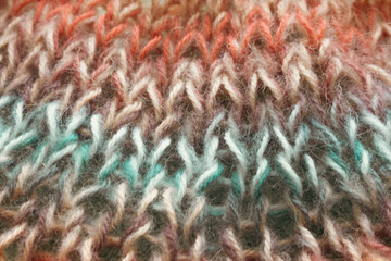 Gradient wool yarn pattern, close up. Knitted wool texture. Woven crochet close up. Knitting hobby. Knitwear concept. Needlework background. 