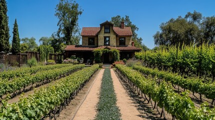 Lodi California Winery Estate with Historic Antebellum Architecture and Grapevine Garden