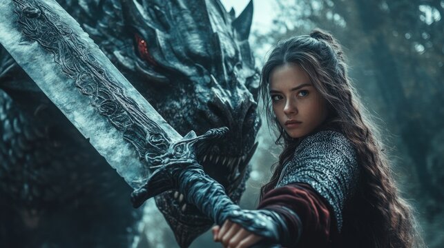 Medieval Female Warrior with big sword ready for battle moment background wallpaper AI generated image