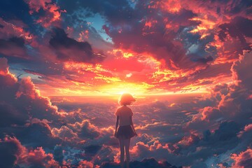Obraz premium A Dreamy Sunset: A Young Girl Gazes at a Vibrant Sky