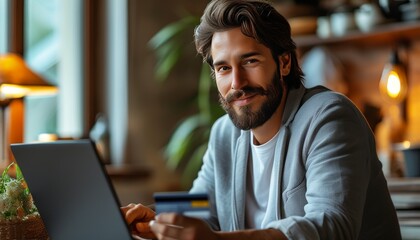 Smiling man with credit card shopping online from home office