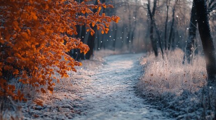 Obraz premium Orange leaves on a snowy forest path