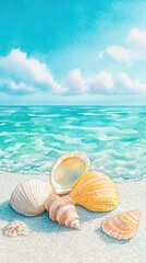 Colorful seashells on a sandy beach, with gentle waves and a bright sky, perfect for summer themes and coastal relaxation.