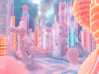 Surreal 3D Interpretation of a Website s Architectural Structures and Luminous Data Tendrils in a