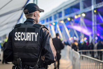 Security guard ensuring safety at a well-lit event with vibrant stage lights, overseeing the crowd and maintaining order in a large public gathering