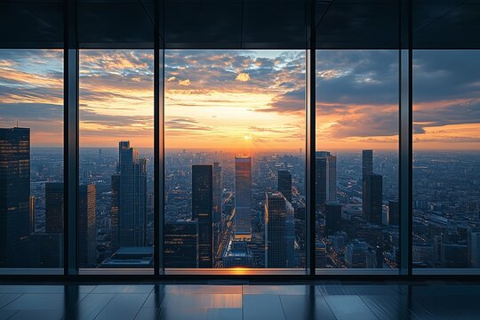 Fototapeta view of a city skyline from a window with sunset