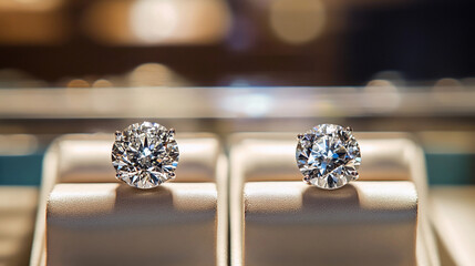 A pair of shiny expensive round cut brilliant diamond earring on display in a jewelry store case