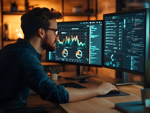 Digital Marketing Expert Reviewing Analytics Dashboard with SEO Metrics and Conversion Funnels