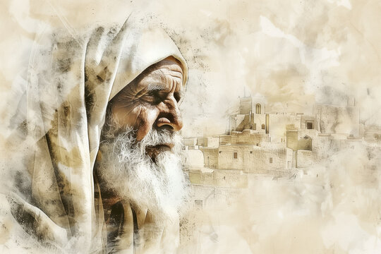 Portrait of Biblical Old Man in Sepia. Patriarch Abraham, Isaac or Jacob