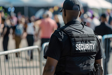 Security guard maintaining crowd control at an outdoor public event, ensuring safety and security while monitoring the flow of attendees