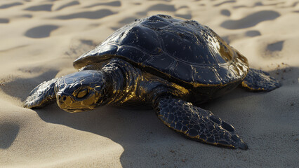 Shiny black turtle in wet sand..'