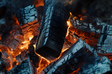 Burning log, Yule Log celebration concept. Midsummer Bonfire - the flames and embers of a Midsummer bonfire, highlighting the warmth and energy.