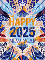 New Year 2025 design with abstract hand drawn plants and festive shapes