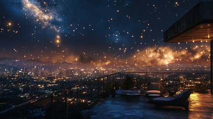 Rooftop view, city lights, night sky, stars