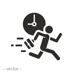 organize hours work icon, time management, busy schedule career, running businessman and clock circle, flat vector illustration