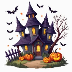 Fototapeta premium Spooky Halloween Haunted House with Bats and Pumpkins