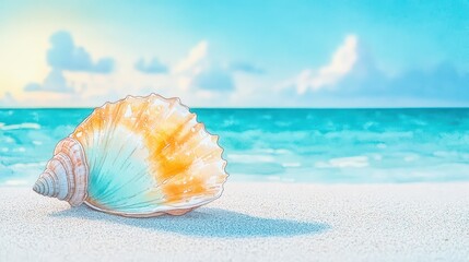 A beautiful seashell resting on the sandy beach, with calm turquoise waters and clear blue skies in the background.