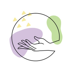 Vector female hand logo in minimal linear style. Emblem, symbol design template with hand gesture isolated on white background. For cosmetics, beauty, tattoo, spa, manicure, massage