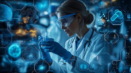 Woman Scientist in Digital Lab:  A female scientist in a white lab coat and gloves, meticulously examines a beaker while surrounded by a futuristic, digital interface, showcasing the potential of cutt