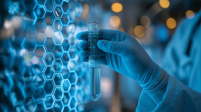 Scientific Breakthrough: A gloved scientist analyzes a test tube against a backdrop of glowing hexagons, embodying cutting-edge research and innovation in a modern laboratory setting. 