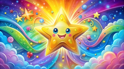 Obraz premium A bright, smiling cartoon star with sparkles and a fun, colorful background, surrounded by whimsical clouds and swirls,