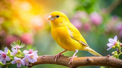 A bright yellow canary bird with large round eyes and petite feathers perches on a wooden branch, surrounded