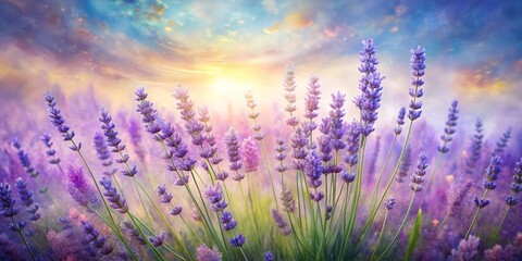 Naklejka premium Abstract Pastel Watercolor Painting Of A Field Of Blooming Lavender Flowers Swaying Gently In The Breeze