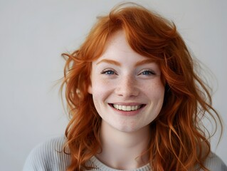 Fototapeta premium Adult female with ginger hair smiling into a camera. Isolated background with copy space.