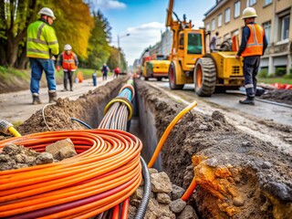 A close-up of a fiber optic cable being carefully placed into a trench alongside a road during construction,