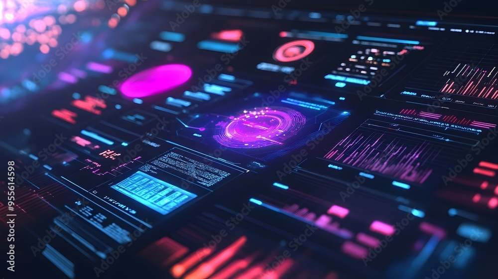 Wall mural futuristic holographic interface showcasing vibrant website analytics and data visualizations
