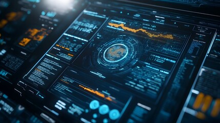 Obraz premium Futuristic Holographic Interface Showcasing Complex Website Analytics and Data Visualizations