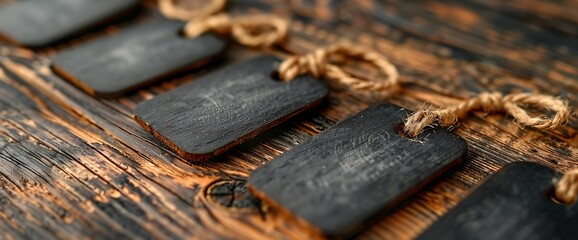 Black chalkboard tags tied with twine on rustic wooden surface.
