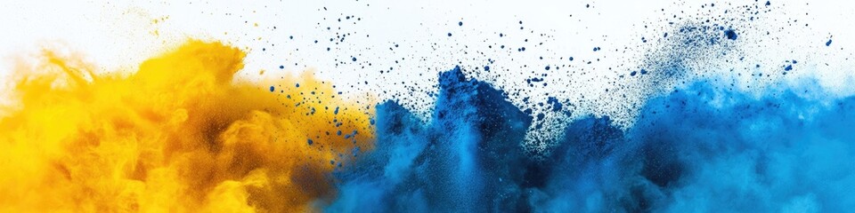 Yellow And Blue Background. Cyan Holi Paint Explosion with Colorful Powder Splash